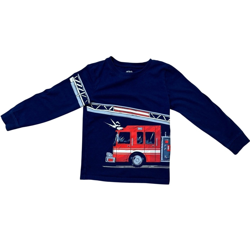 Carters Kid Boys Navy Blue Fire‎ Truck Long Sleeve Graphic Tee Shirt Size 6
